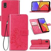 Voor Samsung Galaxy A21 (JP-versie) Vierbladige sluiting Reliëfgesp Mobiele telefoonbescherming Leren tas met sleutelkoord & kaartsleuf & portemonnee & beugelfunctie (magenta)