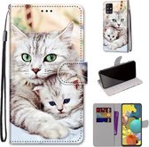 Voor Samsung Galaxy A51 5G Gekleurde Tekening Cross Textuur Horizontale Flip PU Lederen Case met Houder & Kaartsleuven & Portemonnee & Lanyard (Big Cat Hugging Kitten)