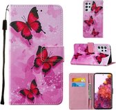 Voor Samsung Galaxy S21 Ultra 5G Cross Texture Painting Pattern Horizontale Flip Leather Case met Houder & Kaartsleuven & Portemonnee & Lanyard (Roze Vlinders)