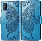 Voor Galaxy M30S / M21 Butterfly Love Flower Reliëf Horizontale Flip Leren Case met Beugel / Kaartsleuf / Portemonnee / Lanyard (Blauw)