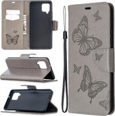Voor Samsung Galaxy A42 5G Embossing Twee Vlinders Patroon Horizontale Flip PU Lederen Case met Houder & Kaartsleuf & Portemonnee & Lanyard (Grijs)