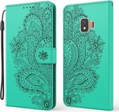 Voor Samsung Galaxy J2 Core / 2020 Pauw Reliëfpatroon Horizontale Flip Leren Case met Houder & Kaartsleuven & Portemonnee & Lanyard (Groen)