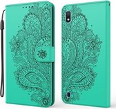 Voor Samsung Galaxy A10 / M10 Pauw Reliëfpatroon Horizontale Flip Leren Case met Houder & Kaartsleuven & Portemonnee & Lanyard (Groen)