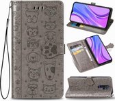 Voor Xiaomi Redmi 9 Mooie kat en hond Embossing patroon Horizontale flip lederen tas met houder & kaartsleuven & portemonnee & cartoon sluiting & lanyard (grijs)