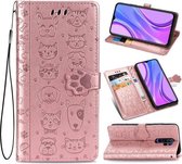 Voor Xiaomi Redmi 9 Mooie kat en hond Embossing patroon Horizontale flip lederen tas met houder & kaartsleuven & portemonnee & cartoon sluiting & lanyard (rose goud)