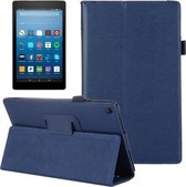 Voor Amazon Kindle Fire HD8 (2017) Litchi Texture Horizontale Flip lederen tas met houder (donkerblauw)