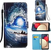 Voor Samsung Galaxy A02s (Europese versie) Gekleurd tekeningpatroon Plain Weave Horizontale flip lederen hoes met houder & kaartsleuf & portemonnee & lanyard (golven en zon)