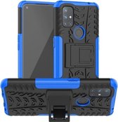 Voor OnePlus Nord N10 5G Bandentextuur Schokbestendig TPU + PC beschermhoes met houder (blauw)