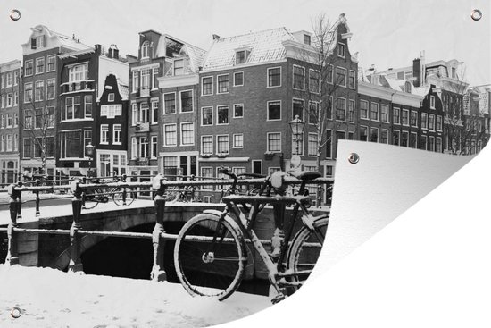 Tuinposter - Tuindoek - Tuinposters buiten - Amsterdam bedekt met sneeuw - zwart wit - 120x80 cm - Tuin