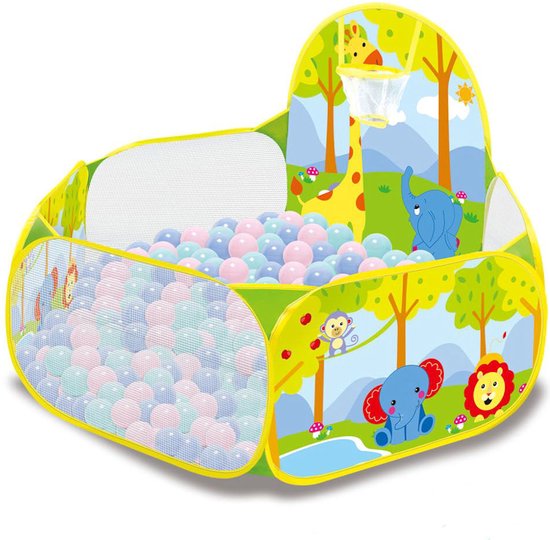 Ballenbak met Basketbal Net - MET 100 Ballen voor Ballenbak - Baby - Dieren print Ballenbad voor kinderen - Ballenbad van Merkloos — afbeelding 4