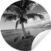 WallCircle - Muurstickers - Behangcirkel - Palmboom aan kust van Tenerife - Zwart-Wit - ⌀ 120 cm - Muurcirkel - Zelfklevend - Ronde Behangsticker XXL