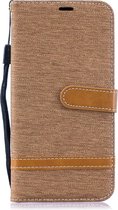 Kleurafstemming Denim Texture Leather Case voor Galaxy A10, met houder & kaartsleuven & portemonnee & lanyard (bruin)