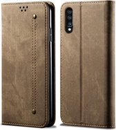 Voor Galaxy A70 denim textuur casual stijl horizontale flip lederen tas met houder en kaartsleuven en portemonnee (kaki)