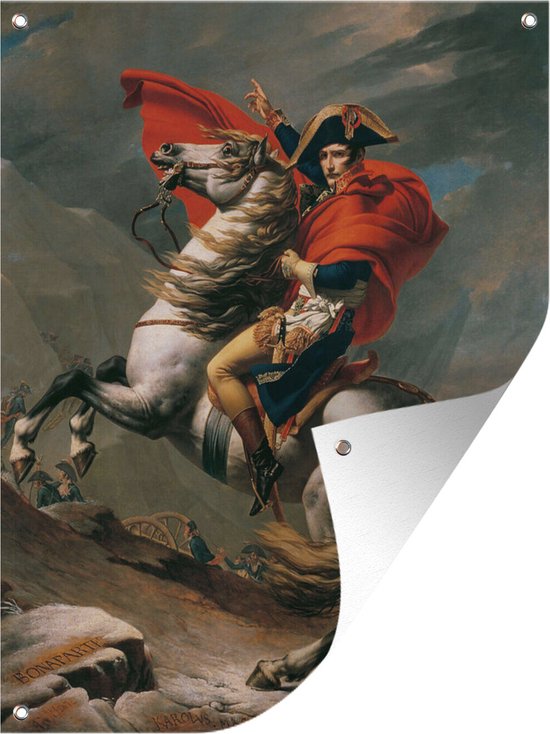 Muurdecoratie buiten Napoleon steekt de Grote St.-Bernardpas over - Schilderij van Jacques-Louis David - 120x160 cm - Tuindoek - Buitenposter