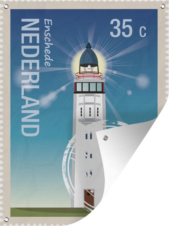 Tuinposter - Tuindoek - Tuinposters buiten - Illustratie van een postzegel met Enschede - 90x120 cm - Tuin