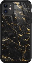 iPhone 11 hoesje glas - Marmer zwart goud - Hard Case - Zwart - Backcover - Marmer - Zwart, Goud