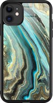 iPhone 11 hoesje glas - Marmer mint - Hard Case - Zwart - Backcover - Marmer - Multi