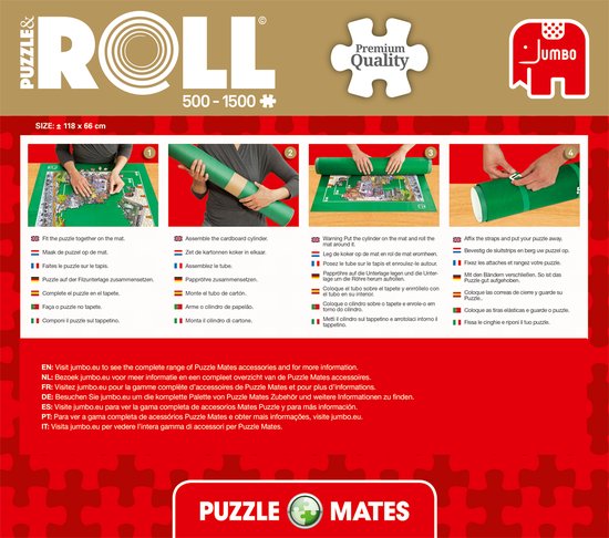 Instructieblad voor Jumbo Puzzle & Roll. Toont stappen 1-4, in meerdere talen.