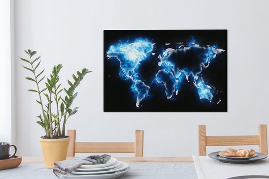 Wereldkaart en bleu électrique sur fond noir 60x40 cm