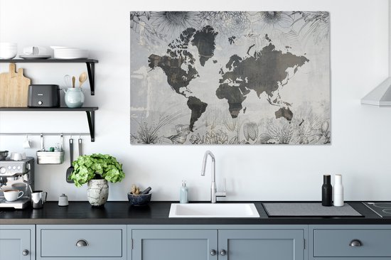 Wereldkaart avec motif béton gris foncé décorée d'illustrations de fleurs 140x90 cm