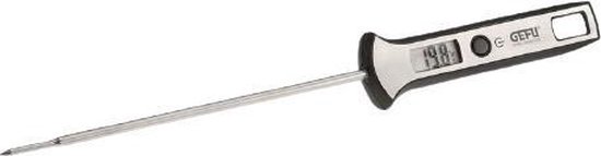 Zilverkleurige digitale thermometer met zwarte greep en RVS probe.