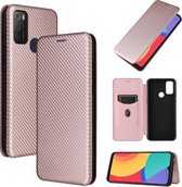 Voor alcatel 1S (2021) koolstofvezel textuur magnetische horizontale flip TPU + pc + PU lederen tas met kaartsleuf (roze)