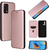 Voor OPPO F19 / A74 4G koolstofvezel textuur magnetische horizontale flip TPU + pc + PU lederen tas met kaartsleuf (roze)