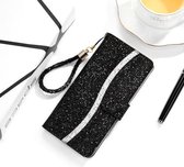 Voor Samsung Galaxy A02s (Amerikaanse versie) Glitterpoeder Horizontale flip lederen tas met kaartsleuven en houder en draagkoord (zwart)