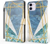Marmeren horizontale flip TPU + PU lederen hoes met houder en kaartsleuven en portemonnee en draagkoord voor iPhone 11 (blauw wit)