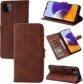 Voor Samsung Galaxy A22 5G EU Versie Reliëf Gelukkig Kat Patroon Horizontale Flip Lederen Case met Houder & Kaartsleuven & Portemonnee (Bruin)