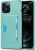 Carbon Fiber Armor Shockproof TPU + PC Hard Case met Card Slot Holder Funtion For iPhone 12 Pro Max (Lake Green)