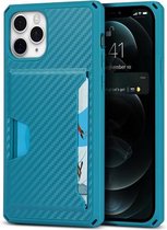 Carbon Fiber Armor Shockproof TPU + PC Hard Case met Card Slot Holder Funtion For iPhone 11 Pro (Blue)