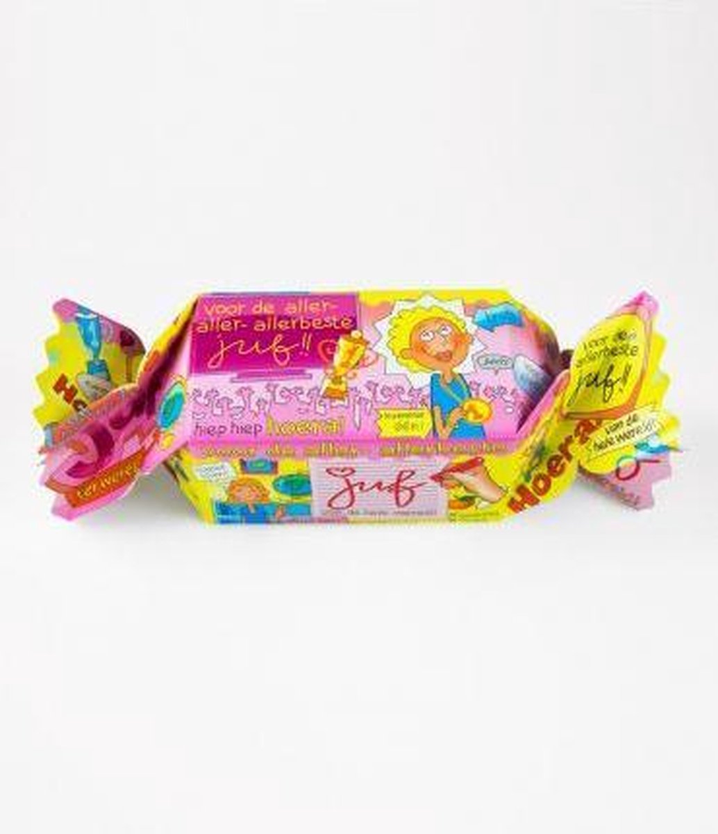 Snoeptoffee - Voor de allerliefste juf - Gevuld met luxe verpakte toffees - In cadeauverpakking met gekleurd lint