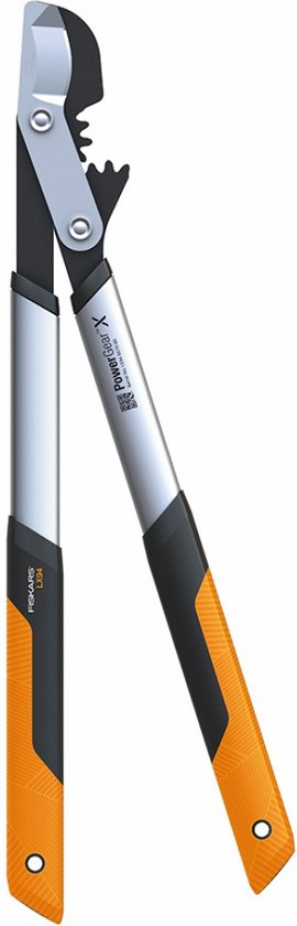 Zilverkleurige takkenschaar met oranje handvatten en zwarte accenten.