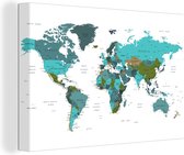 Canvas Wereldkaart - 120x80 - Wanddecoratie Wereldkaart - Topografie - Blauw