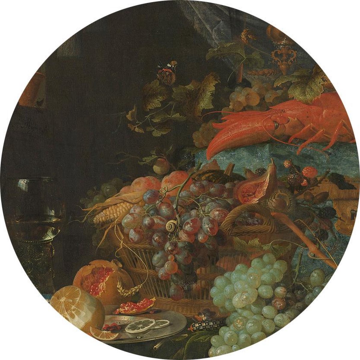 Stilleven met vruchten en een puttertje, Abraham Mignon - Foto op Behangcirkel - ⌀ 150 cm