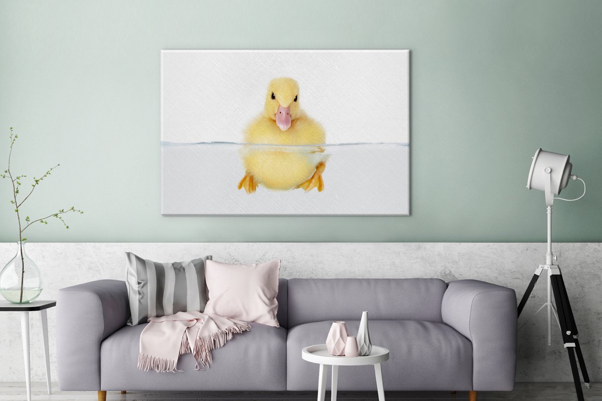 Canvas schilderij 140x90 cm - Wanddecoratie Zwemmende baby eend - Muurdecoratie woonkamer - Slaapkamer decoratie - Kamer accessoires - Schilderijen — afbeelding 4