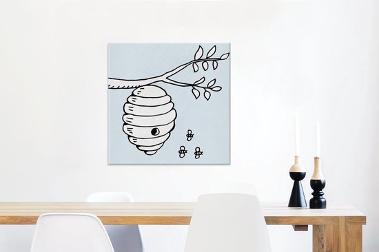 Illustration de bande dessinée d'abeilles et d'une toile de ruche 50x50 cm - Tirage photo sur toile (décoration murale salon / chambre) / Animaux sauvages Peintures sur toile