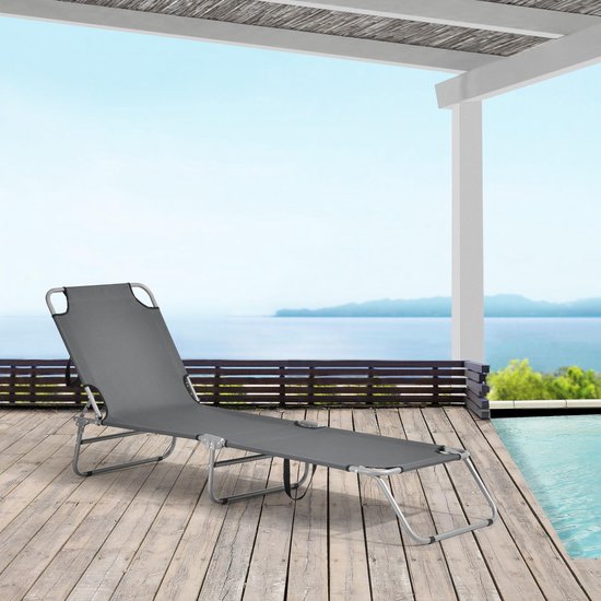 Transat Chaise Longue Inclinable Réglable en 5 Positions Bain de Soleil Design avec Anses de Transport Capacité de Charge 110 kg Acier Polyester Argenté Mat Gris Foncé [casa.pro]