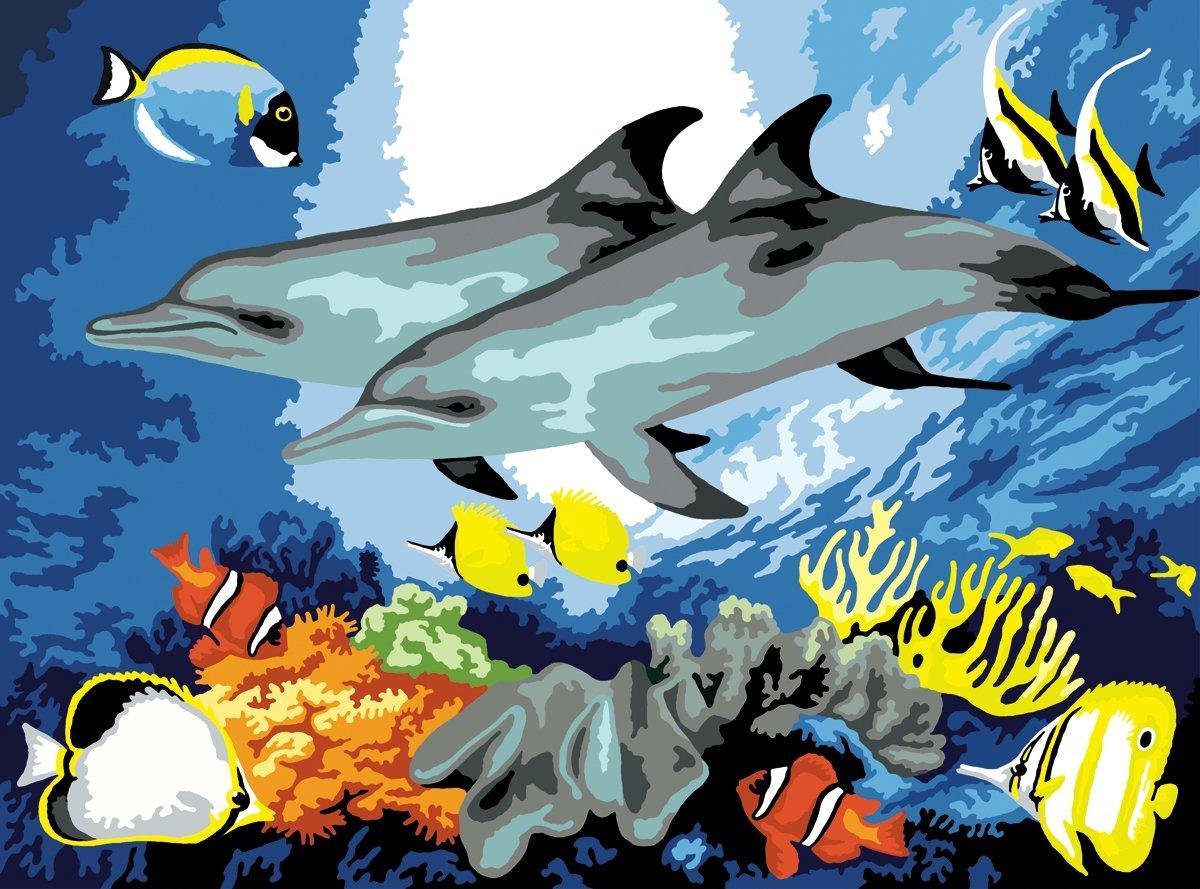 Schilderen op nummer - Paint by numbers - Dolfijnen bij koraal 28.6x39cm - Schilderen op nummer volwassenen - Paint by numbers volwassenen