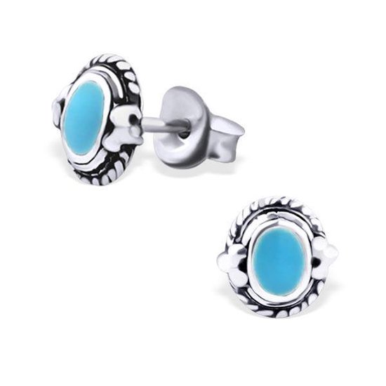 Aramat jewels ® - Etnische zilveren oorbellen ovaal blauw 7mm