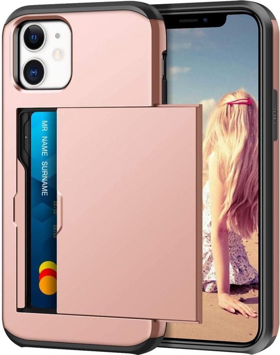 Coque rose pour iPhone 12 mini avec compartiment coulissant pour cartes.