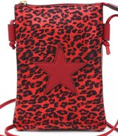 Luxe Schoudertas Dames  - Perfect Festival Tasje  - Schoudertassen Vrouw - Tassen - Crossbody Tas - Klein Schoudertasje  - van Hoogwaardig PU Leer  - Met Panterprint en Ster Rood 20x15cm