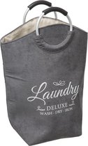 Decopatent® XL Wasmand 80L - Tekst Deluxe Laundry -> Wash Dry Iron - Waszak met handvat - Grote Badkamer Wasmand - Velours - Grijs