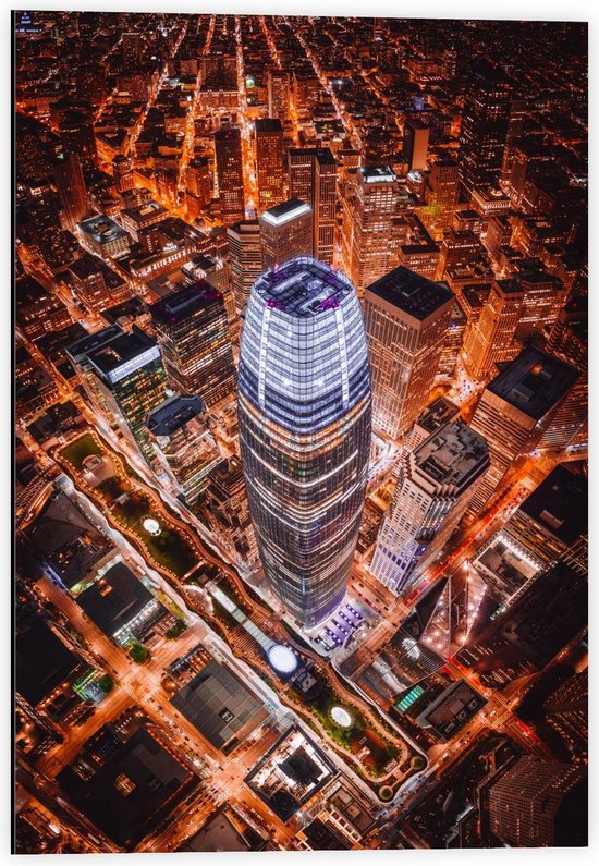 Dibond - Salesforce Tower Verlichting - San Francisco - 40x60cm Foto op Aluminium (Wanddecoratie van metaal)