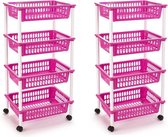 2x stuks roze opberg trolley/roltafel met 4 manden 40 x 50 x 85 cm - Etagewagentje/karretje met opbergkratten