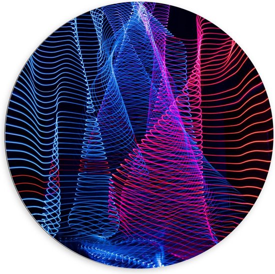 Dibond Wandcirkel - Abstracte Blauw met Roze Lichtgevende Strepen - 100x100cm Foto op Aluminium Wandcirkel (met ophangsysteem)