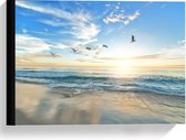 Canvas  - Blauwe Zee met Zon en Vogels - 40x30cm Foto op Canvas Schilderij (Wanddecoratie op Canvas)