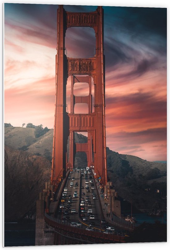 Forex - Golden Gate Bridge met Auto's - California - Amerika - 60x90cm Foto op Forex