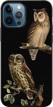 iPhone 12 hoesje siliconen zwart - Owl night - Siliconen TPU case zwart - Print / Illustratie - Transparant, Bruin